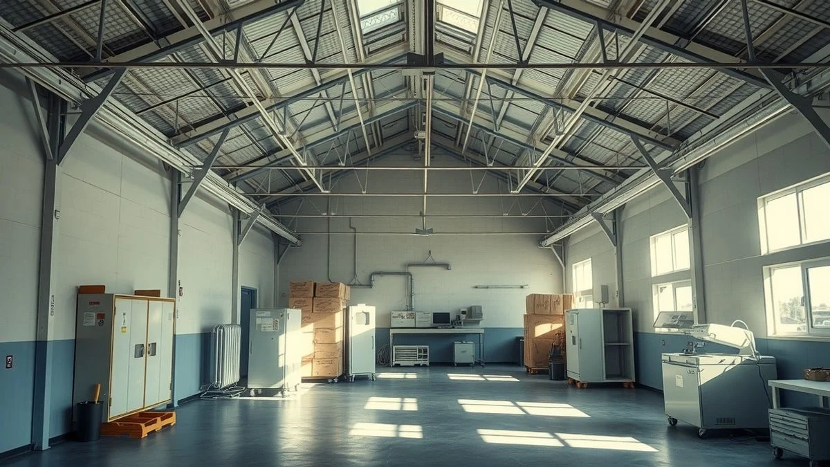 Interior de una estación ITV con boxes de inspección vacíos y luz lateral