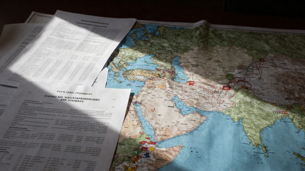 Illustrative image: a desk full of military reports and a map of the Middle East, representing the logistics and costs of a war.