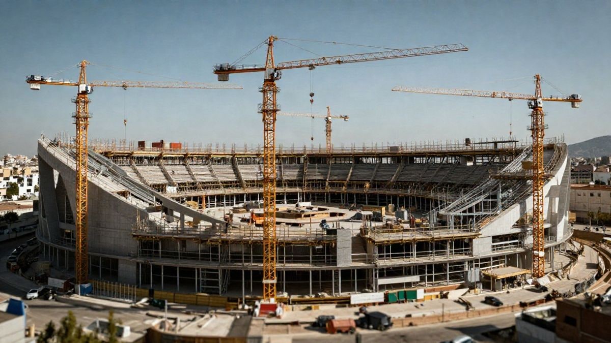 Illustrative image: construction of a large stadium with cranes and machinery at a construction site