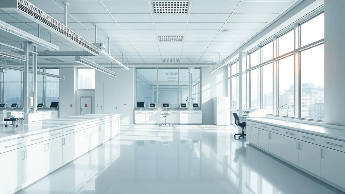 Imagen ilustrativa: interior de un laboratorio industrial moderno y vacío con luz natural lateral