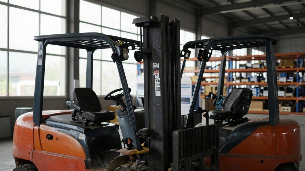 Illustrative image: interior of an industrial warehouse with a forklift in the foreground and side light from a window