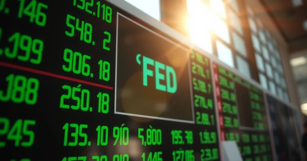 Primer plano de un panel de cotizaciones bursátiles con números verdes y una pantalla central con 'CPI' y 'FED' desenfocados