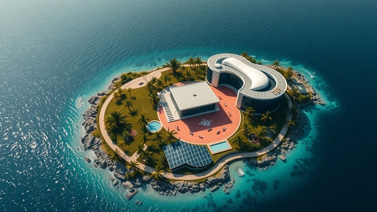 Vista aérea de una isla tropical cerca de Singapur con un campus de startups futurista en construcción