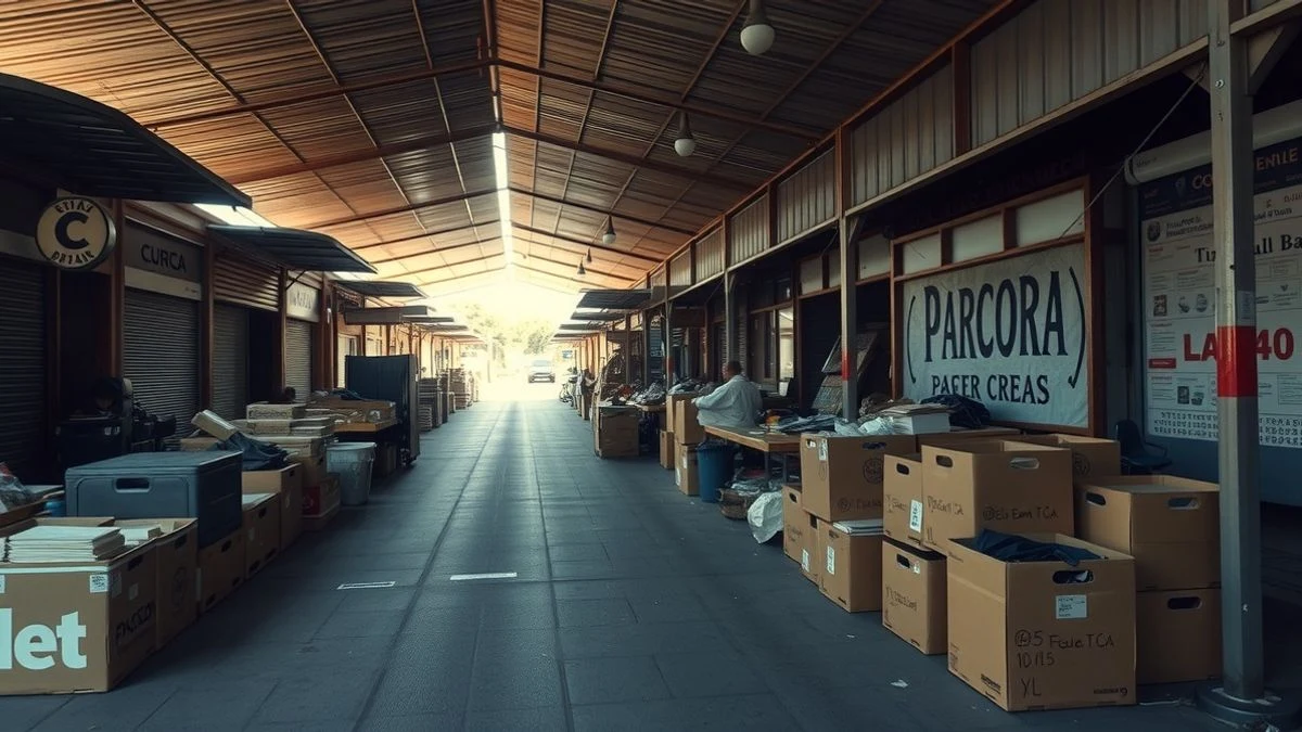 Puesto de mercado callejero vacío en Buenos Aires con cajas y toldos, luz natural dramática