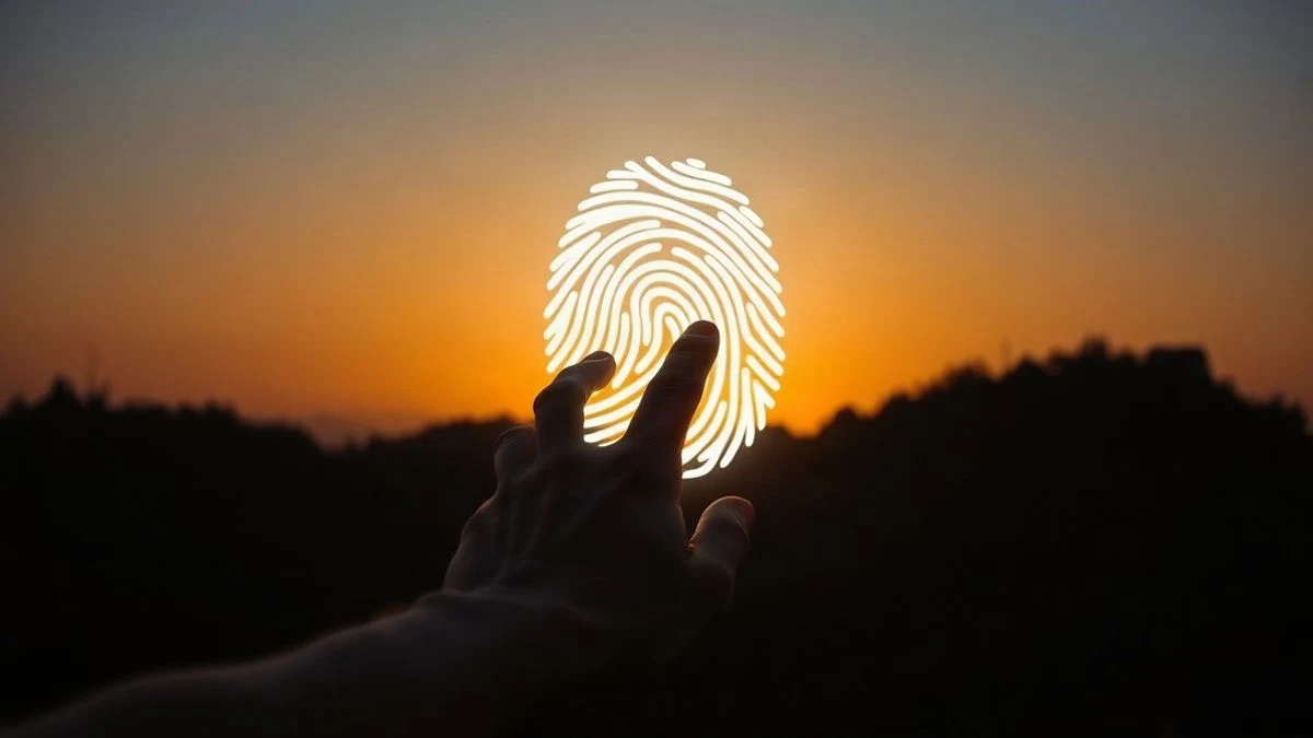 Imagen ilustrativa: una mano acercándose a un símbolo de huella digital luminoso, con contraluz al atardecer y sombras largas.