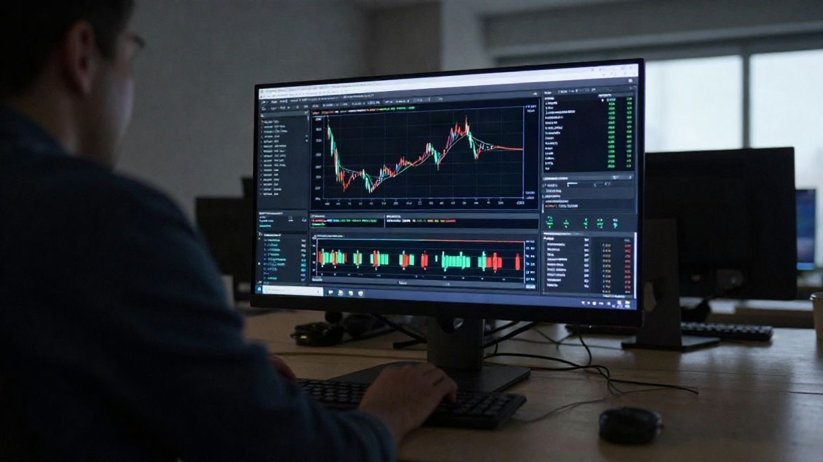 Illustrative image: modern office with a screen showing cryptocurrency charts, dramatic natural light, no people or faces.
