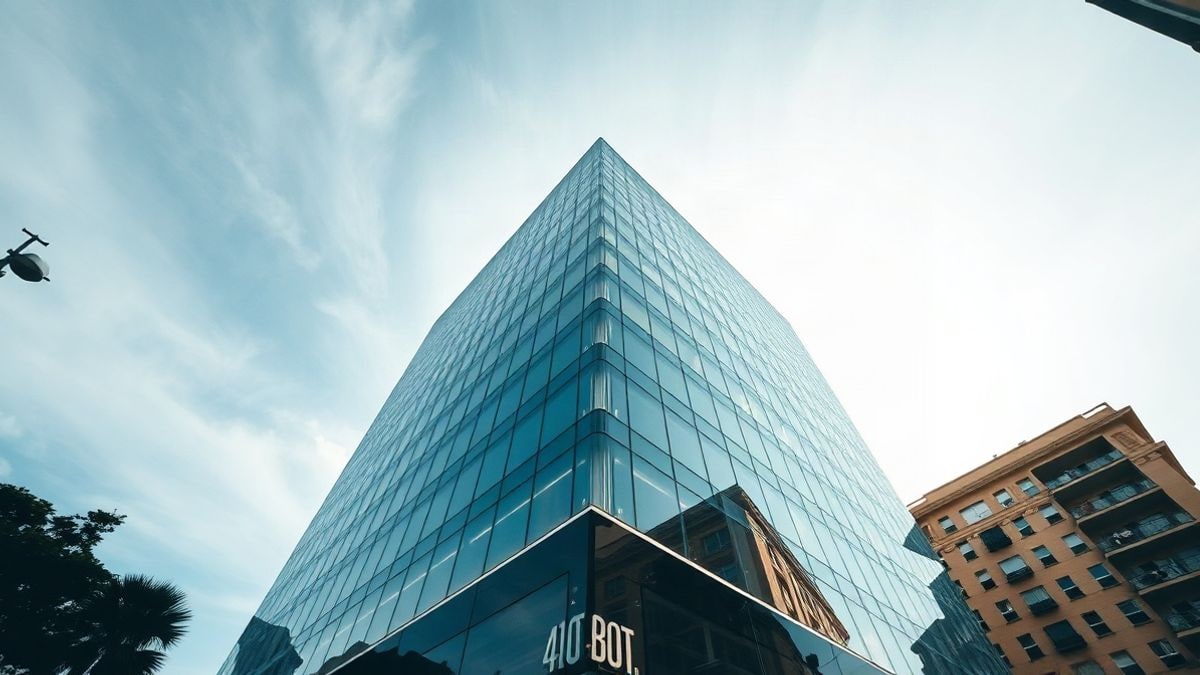 Imagen ilustrativa: ángulo bajo de una fachada de oficinas moderna con cielo despejado