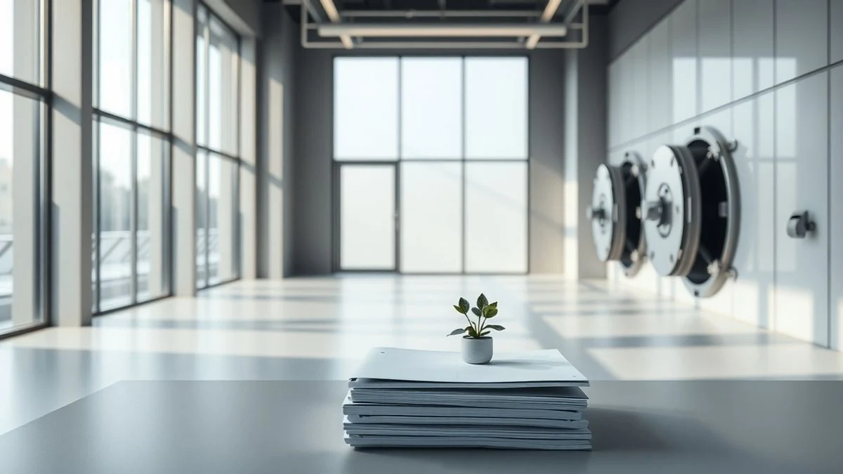 Imagen ilustrativa: interior de una cámara acorazada vacía con luz natural lateral, documentos y una planta verde sobre una mesa.
