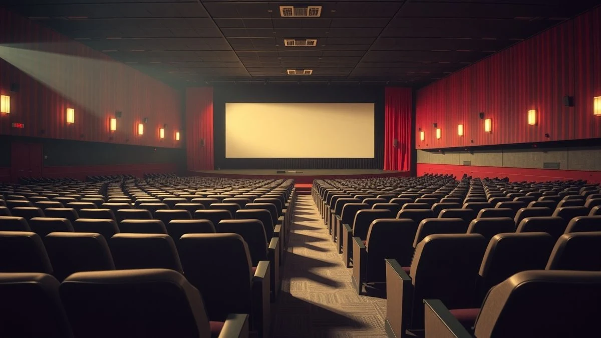 Imagen ilustrativa: interior vacío de un cine con butacas y pantalla apagada, iluminado por luz natural