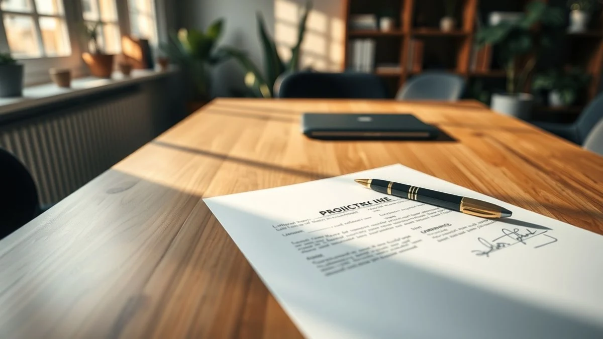 Imagen ilustrativa: documento firmado sobre una mesa de madera, con un bolígrafo, luz natural y fondo de oficina desenfocado.