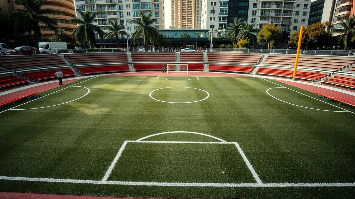 Cancha de fútbol instalada en la Glorieta de los Insurgentes con gradas alrededor y edificios al fondo