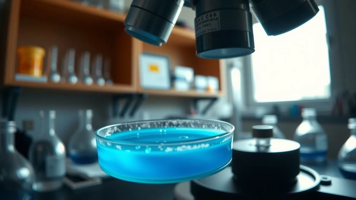 Placa de Petri con líquido azul brillante bajo un microscopio en un laboratorio