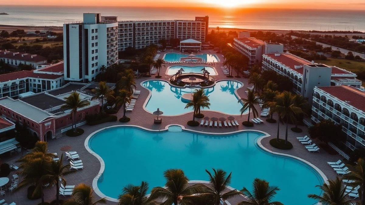 Vista aérea de un complejo hotelero de lujo en Maspalomas, Gran Canaria, al atardecer
