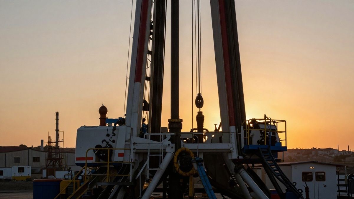 Imagen ilustrativa: plataforma petrolera en un paisaje industrial al atardecer, representando la industria del petróleo sin elementos identificables.