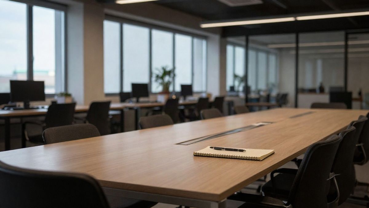 Illustrative image: modern workspace with long table and empty chairs next to large windows