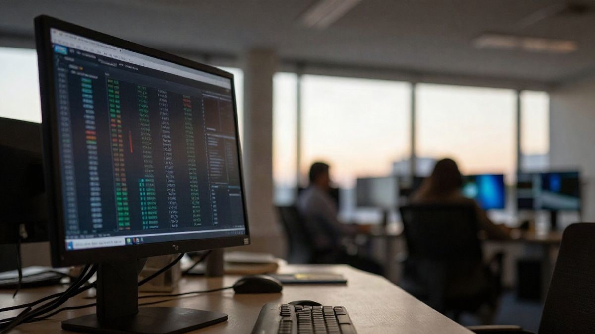 Illustrative image: computer screen with abstract digital graphics on a modern trading desk