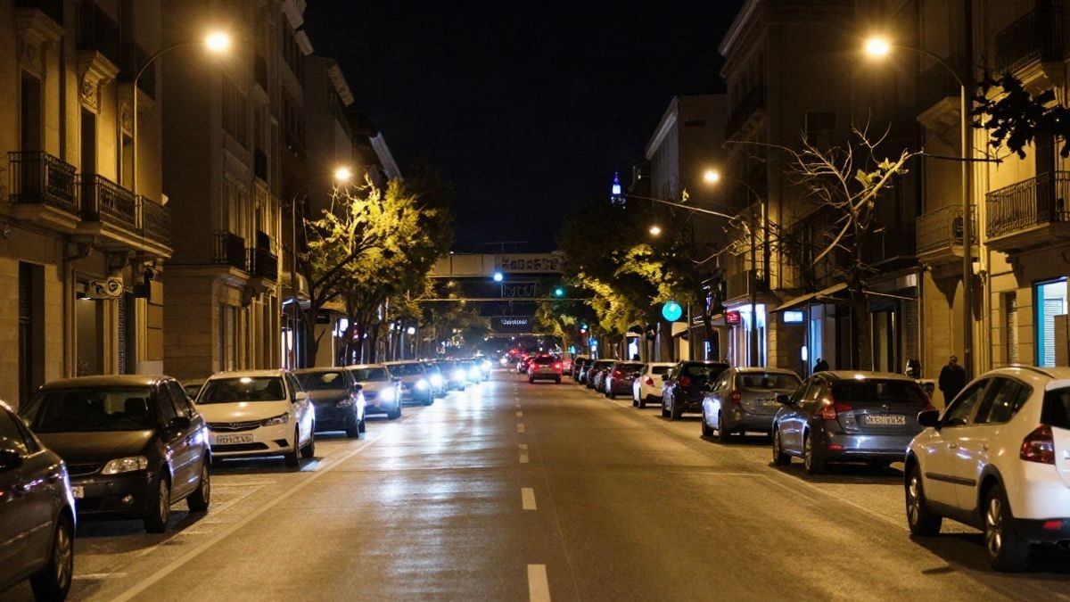 Illustrative image: night scene of a street lit with artificial streetlights and cars, representing the growth of the automotive market in Spain.