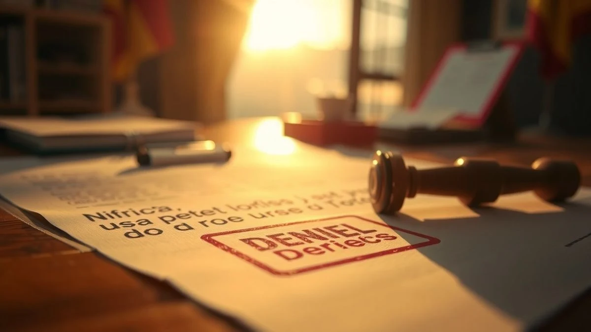 Documento oficial con sello de denegación y un bolígrafo sobre una mesa de madera iluminada por el atardecer