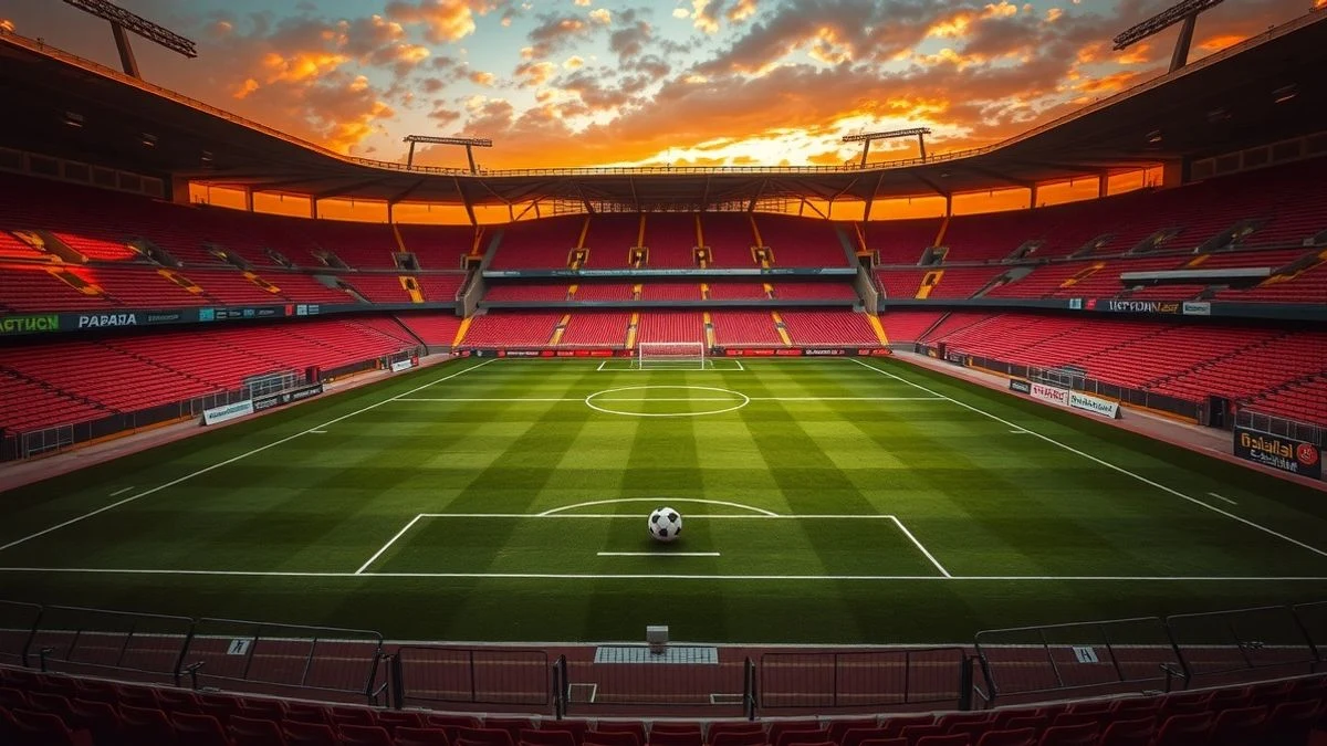 Estadio de fútbol vacío en Dallas al atardecer, con un balón en el centro del campo y las gradas iluminadas por la luz dorada