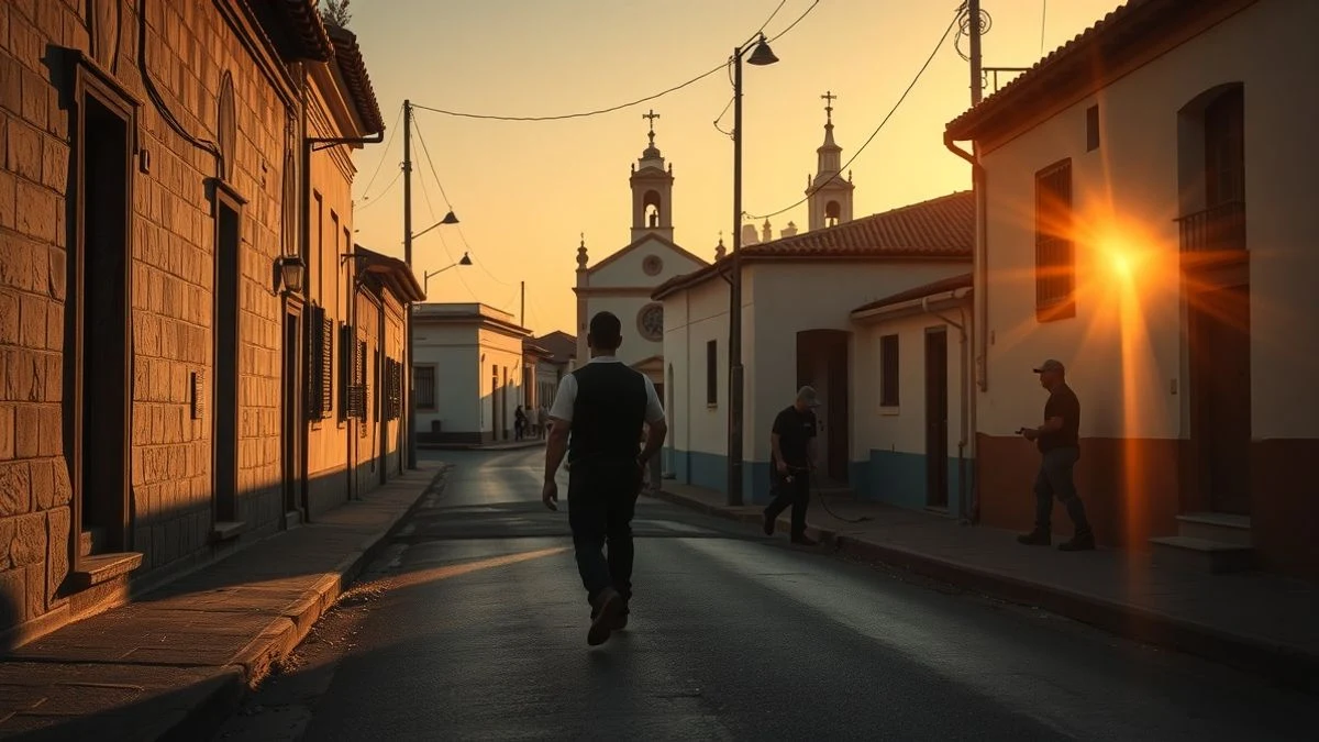 Siluetas de trabajadores al atardecer en una calle pavimentada de un pueblo rural español