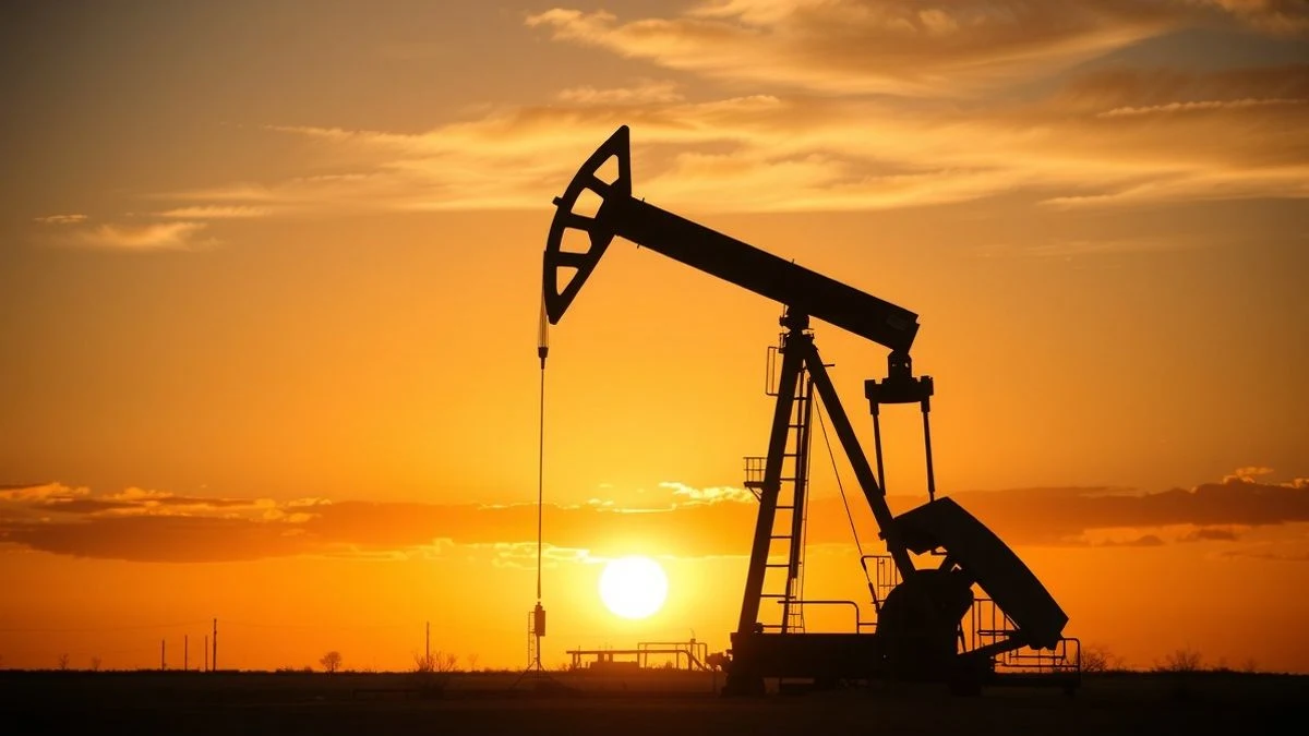 Imagen ilustrativa: silueta de un pozo petrolero al atardecer con sombras largas.