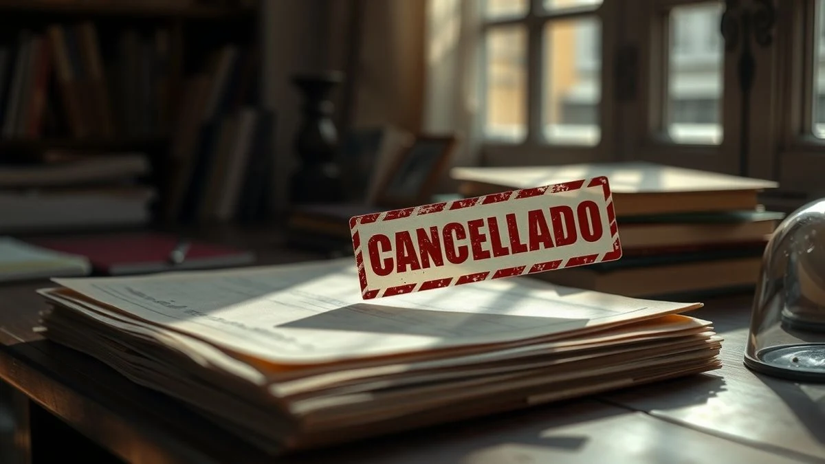 Documentos de concesiones de transporte con sello de cancelado sobre una mesa de madera