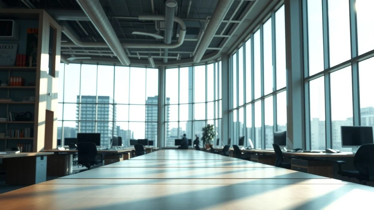Edificio de oficinas vacío con luz de tarde entrando por las ventanas