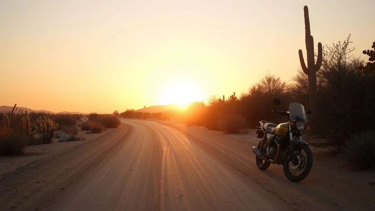 Carretera de tierra en La Guajira al atardecer con una motocicleta aparcada