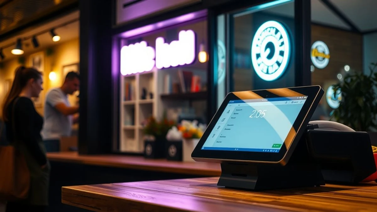 Terminal de punto de venta en una tienda con luz de neón, al fondo una calle nocturna con transeúntes borrosos
