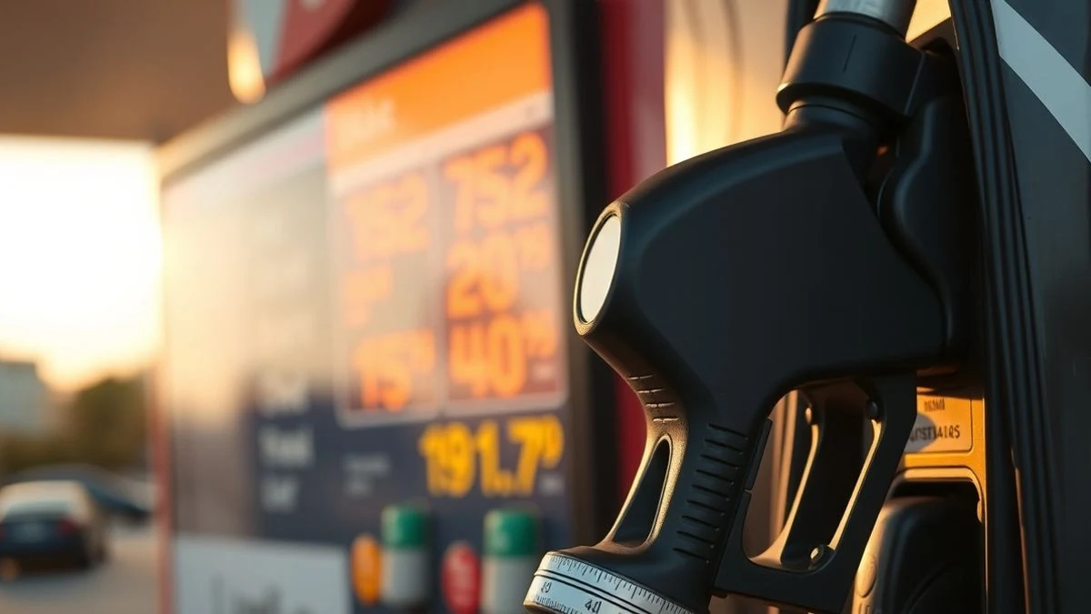 Imagen ilustrativa: primer plano de una boquilla de surtidor de gasolina con el display de precios desenfocado al fondo, iluminación de atardecer.