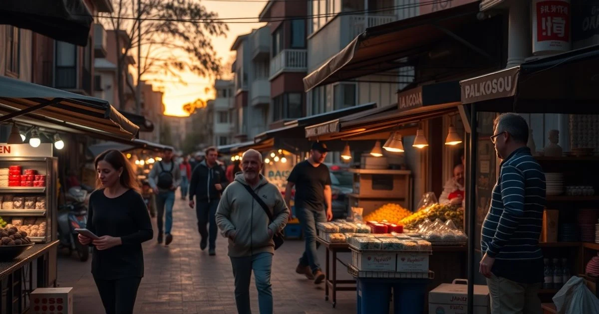Puesto callejero en un mercado informal de Buenos Aires al atardecer