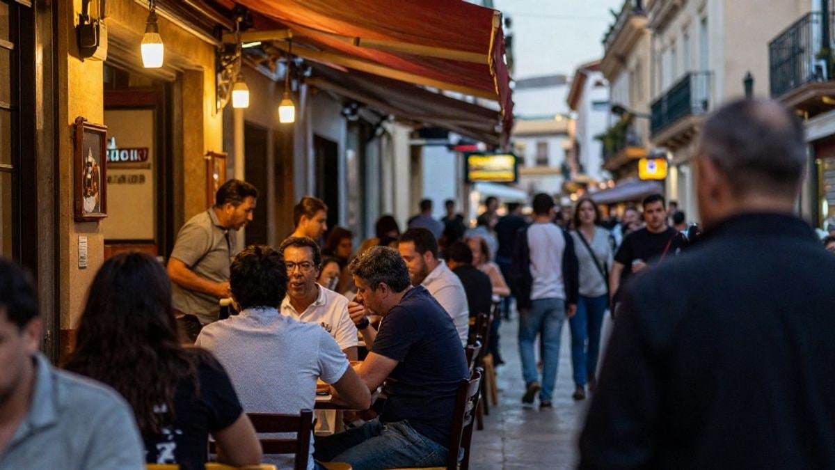 Illustrative image: a lively atmosphere of a tapas bar, with dishes and drinks on a table, in the context of San Sebastián during the pintxo pote tradition.