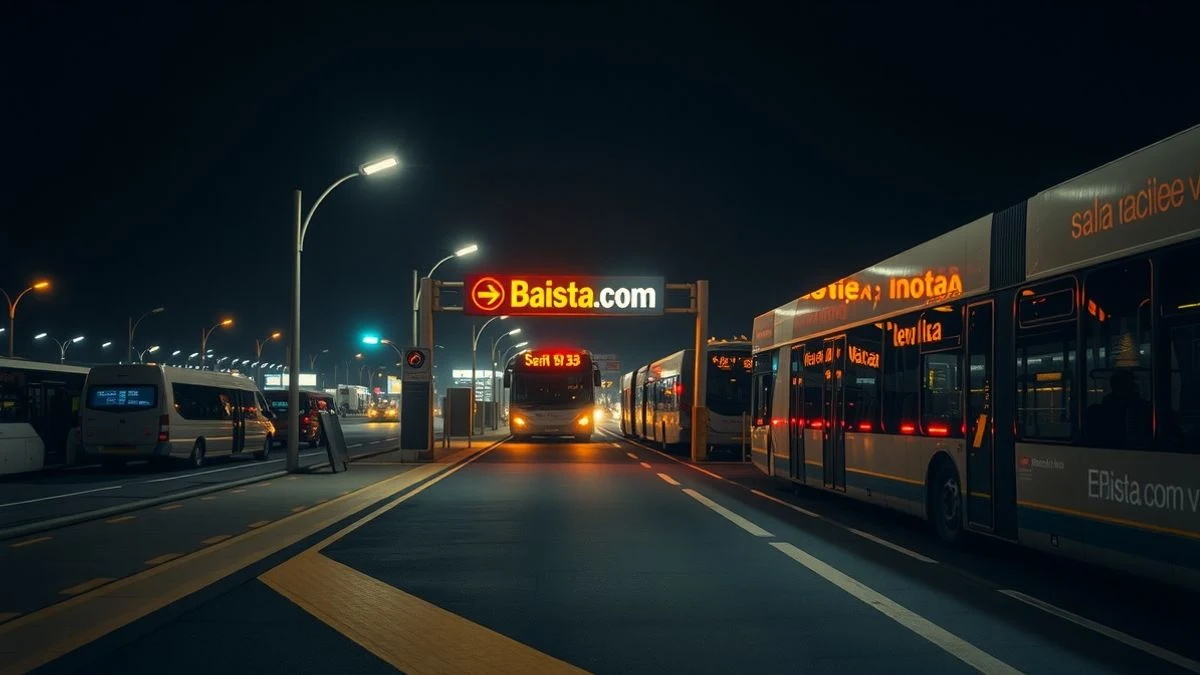 Vista nocturna de una zona de espera de autobuses en un aeropuerto con iluminación artificial