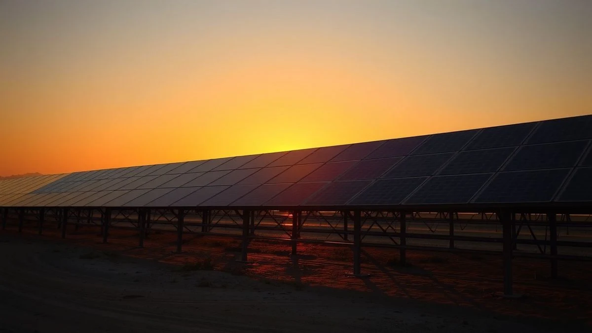 Placas solares híbridas al atardecer con sombras largas y contraluz