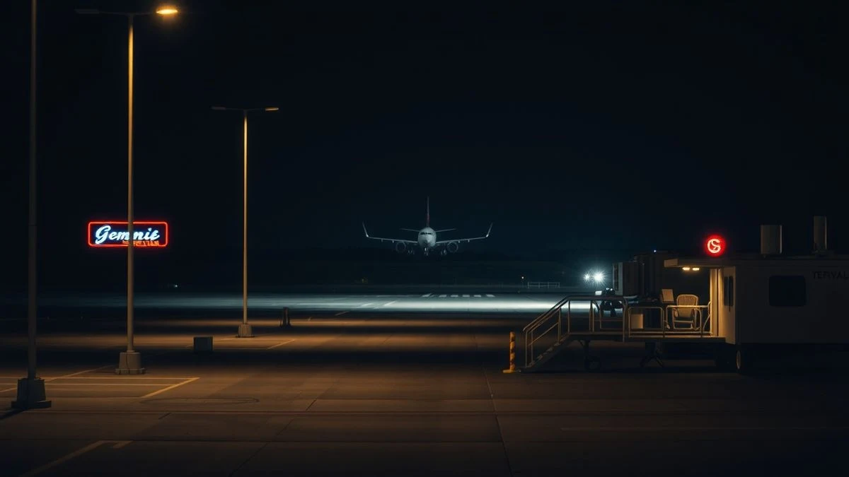 Imagen ilustrativa: nocturna de un aeropuerto pequeño con luz artificial, una silueta de avión al fondo y una valla metálica.