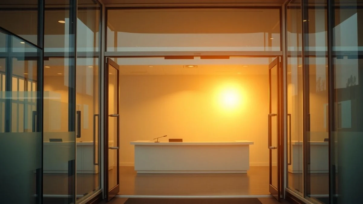 Imagen ilustrativa: entrada de un edificio de oficinas moderno, con puerta de cristal y recepción vacía, iluminada por la luz del atardecer.