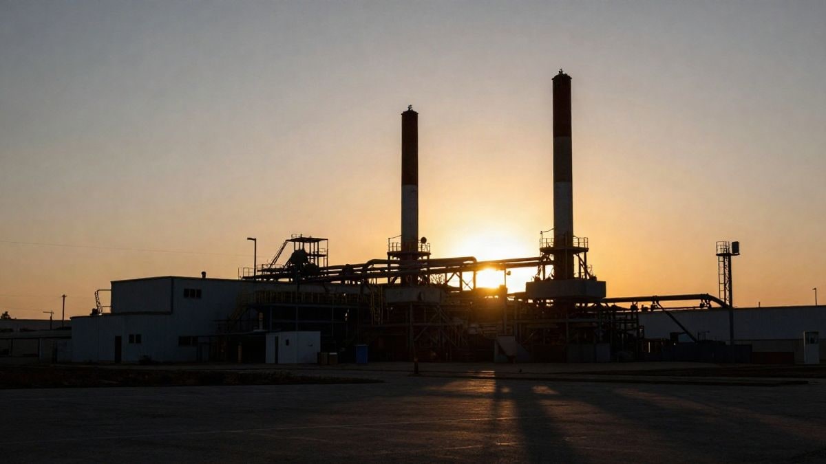 Illustrative image: silhouettes of an industrial plant at sunset, symbolising electric vehicle production.