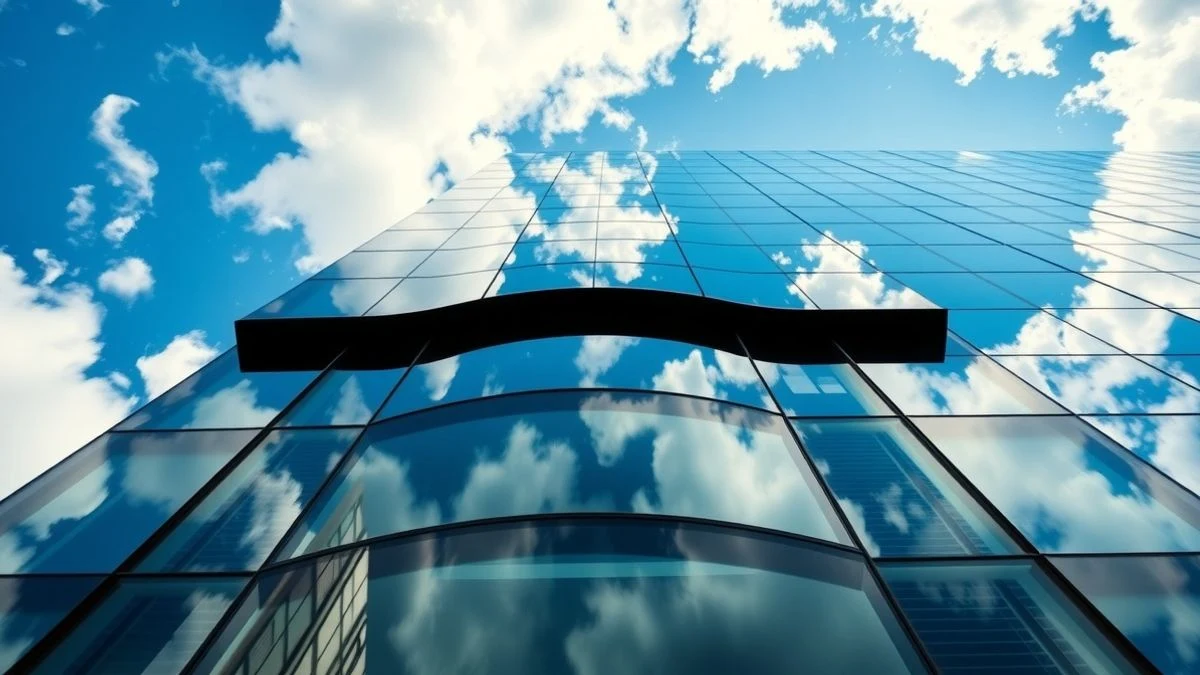 Imagen ilustrativa: fachada de un edificio de oficinas moderno con reflejos del cielo, representando solidez financiera.