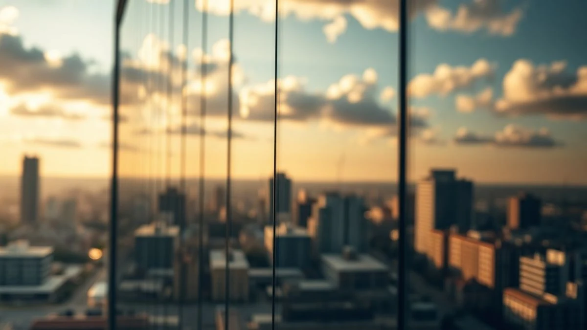 Imagen ilustrativa: fachada de un edificio de oficinas con reflejos de nubes al atardecer.