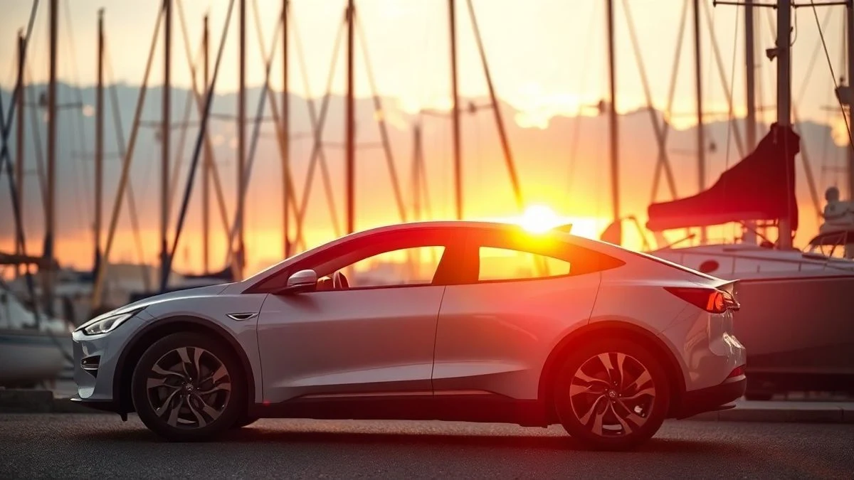 Imagen ilustrativa: un automóvil eléctrico junto a un puerto deportivo con veleros al fondo al atardecer.