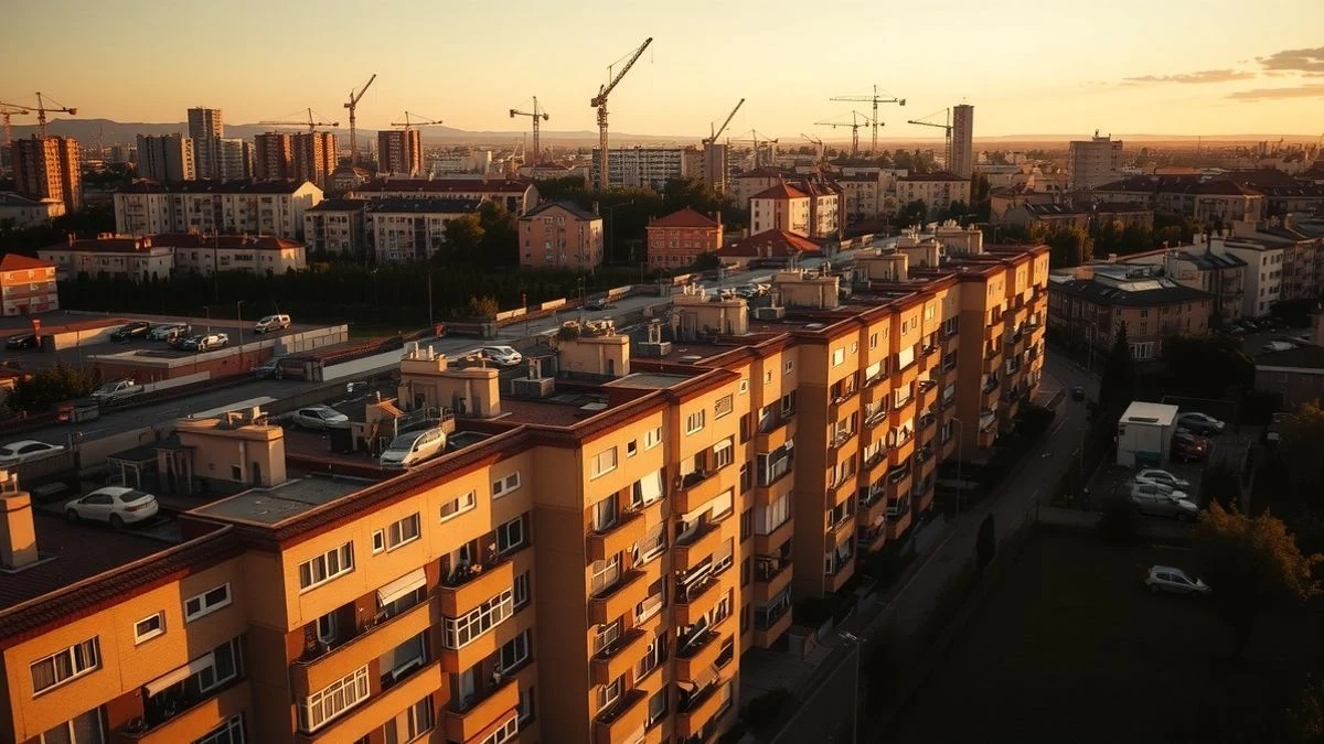 Imagen ilustrativa: vista aérea de un barrio residencial con bloques de pisos y grúas de construcción al atardecer.