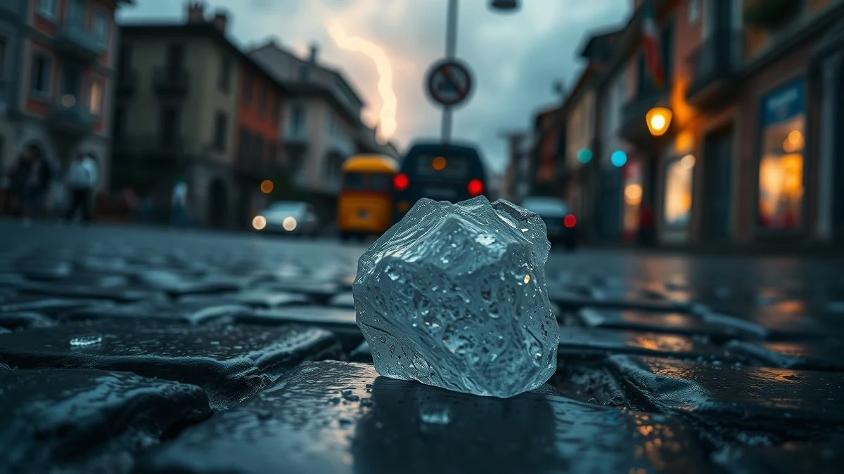 Primer plano de un granizo sobre adoquines mojados en una calle costera italiana, con tormenta de fondo