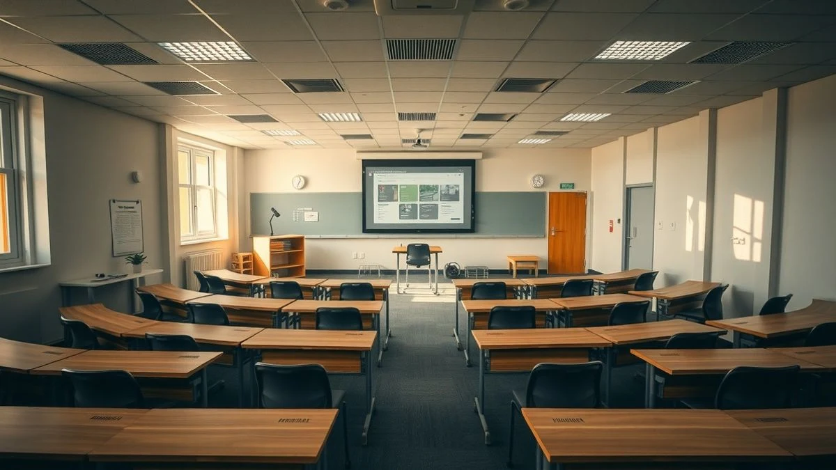 Imagen ilustrativa: aula moderna vacía con pupitres en semicírculo y pantalla digital