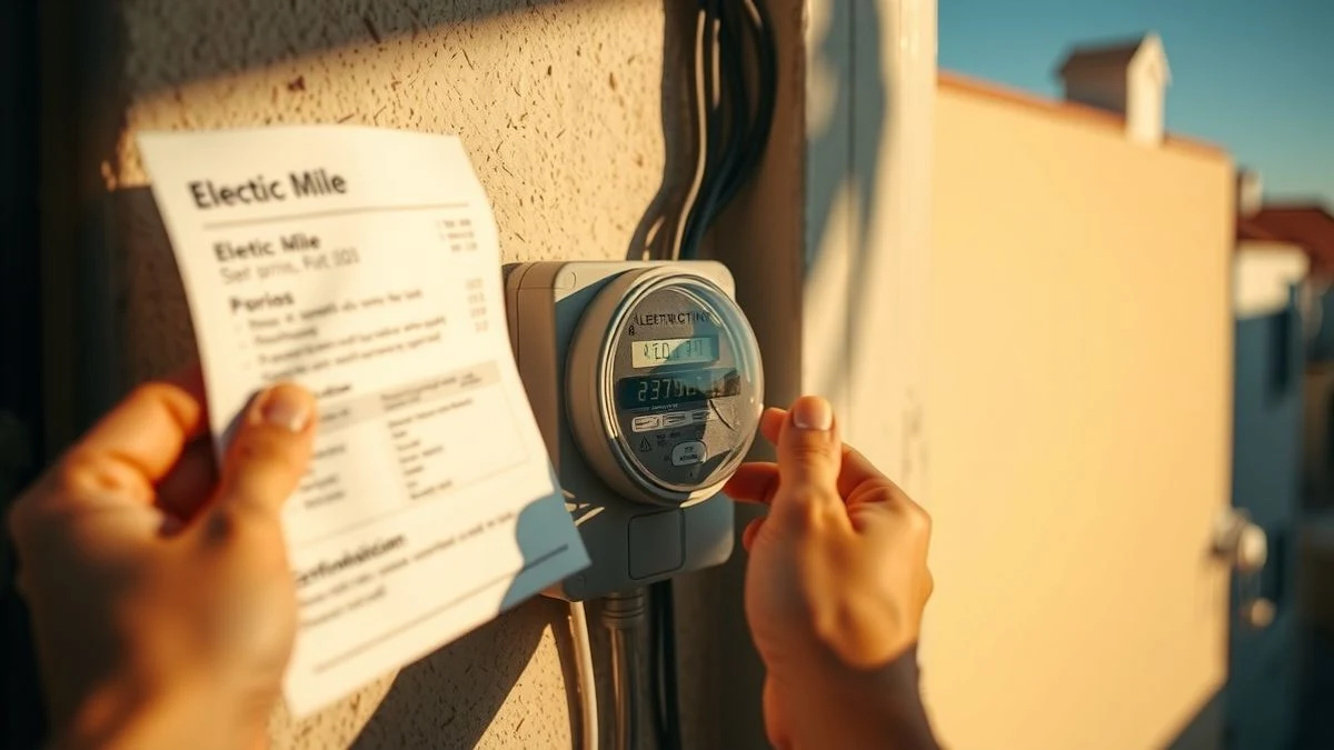 Imagen ilustrativa: un contador eléctrico en la fachada de una vivienda, con una factura de la luz desenfocada al fondo.