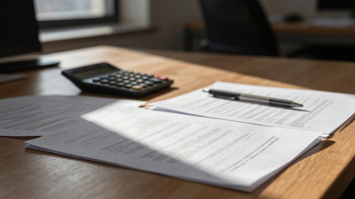Imagen ilustrativa: detalle de documentos financieros y calculadora sobre una mesa de madera con luz natural