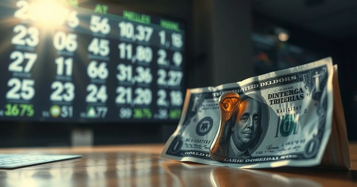 Primer plano de un billete de dólar estadounidense con una gota de petróleo, fondo de pantalla de trading borrosa.