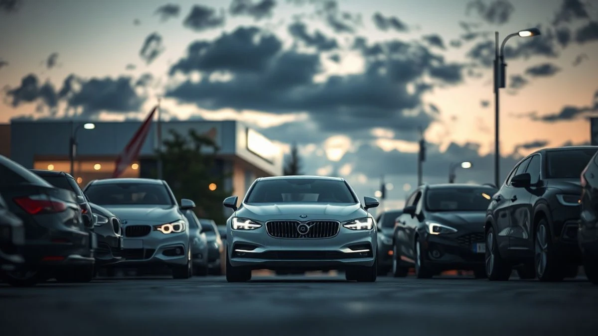 Imagen ilustrativa: concesionario de coches nuevos al atardecer, con un vehículo en primer plano y el cielo de fondo