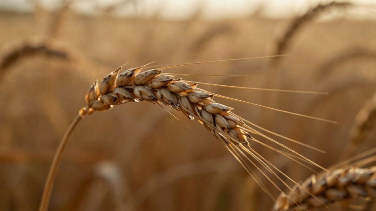 Illustrative image: macro close-up of wheat ears in a field at sunset
