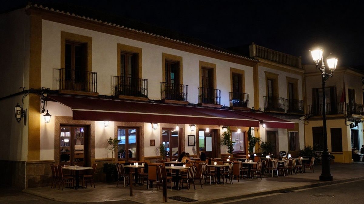 Imagen ilustrativa: vista nocturna de un restaurante histórico iluminado con luces tenues, creando una atmósfera melancólica.