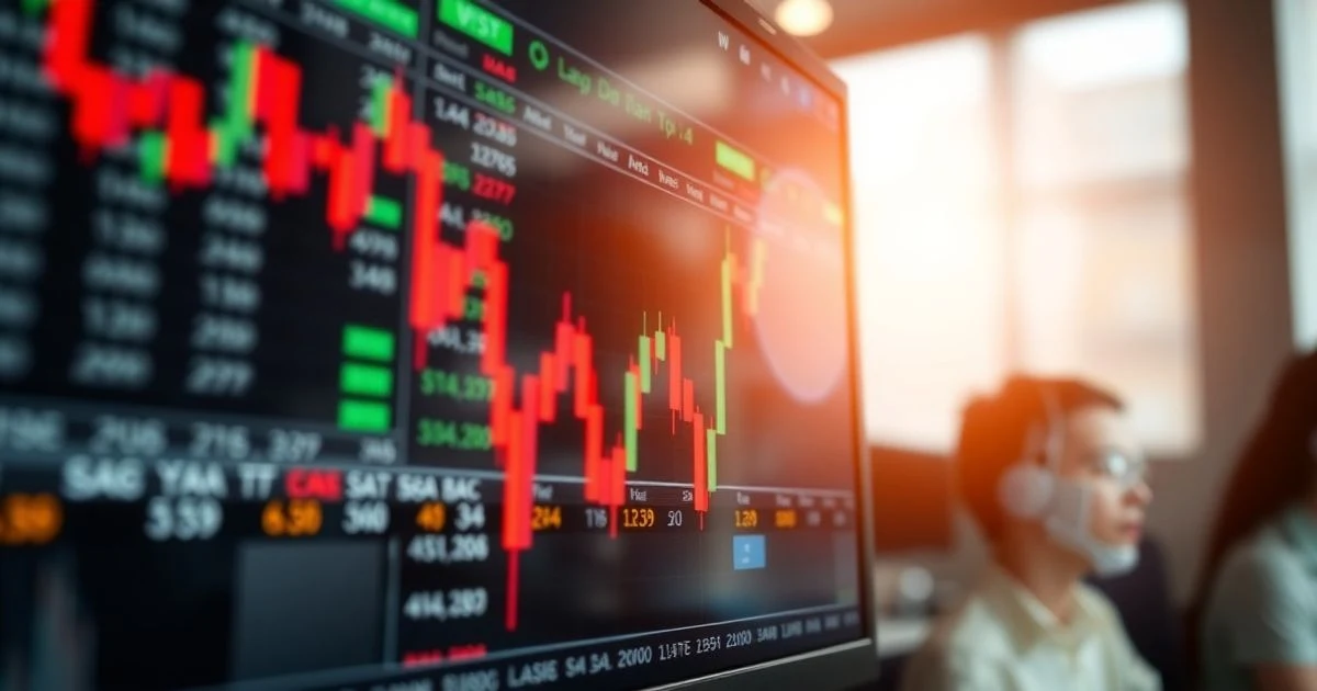 Pantalla de bolsa con gráficos en rojo y verde, fondo de oficina desenfocado